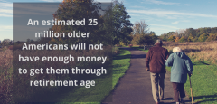 Two people walking on path in park with words “An estimated 25 million older Americans will not have enough money to get them through retirement age” over image