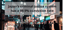 Streets of Japan at night with many colored signs and the words “Japan’s criminal justice system has a 99.9% conviction rate” on top.