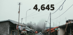 The number 4,645 over an image over a street in Puerto Rico where Hurricane Maria torn down houses and powerlines.