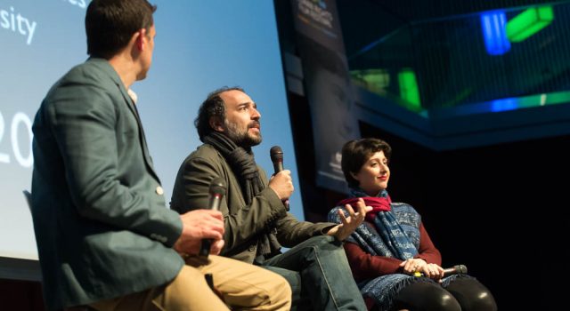 "No Land's Song" director Ayat Najafi and singer and social activist Sar Najafi answer questions with Colorado State University Music, Theatre and Dance professor Ryan Olsen moderating at the ACT Human Rights Film Festival, April 20, 2016.